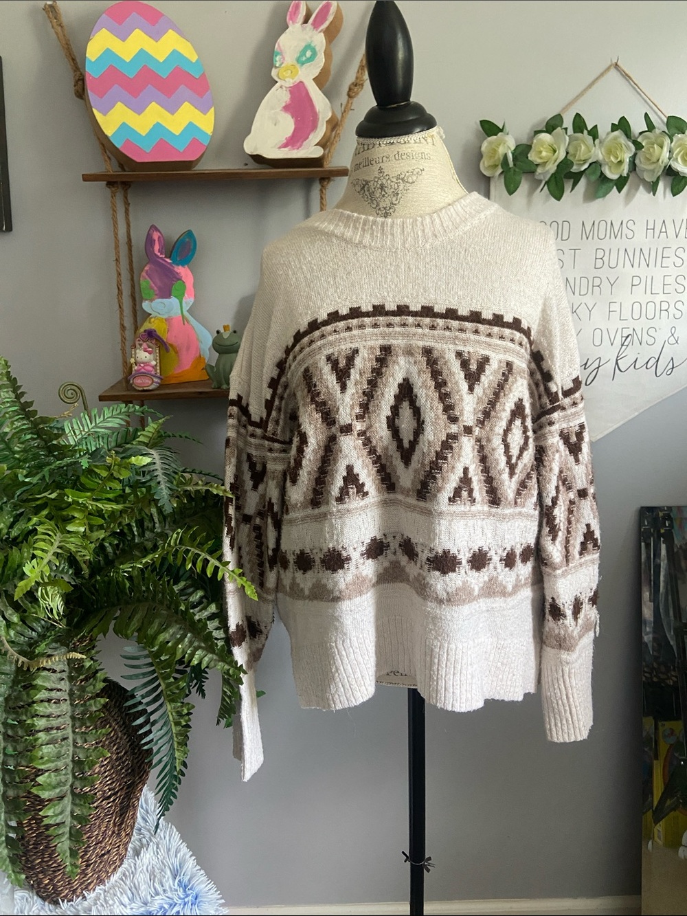 Old Navy LARGE Cozy Cream & Brown Geometric Knit Sweater